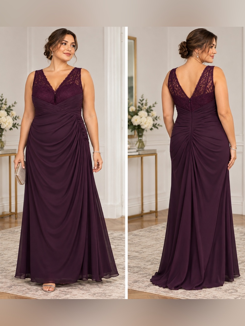 Morilee Madeline Gardner Plum Lace Ruched Formal Maxi Gown Size 20